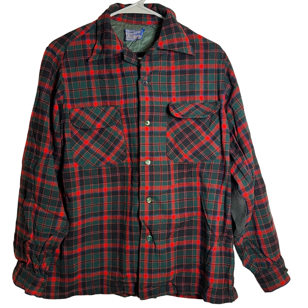 VTG Pendleton Mens M Wool Plaid Boardshirt Elbow Patches 1960s Red Green Black - Picture 3 of 11